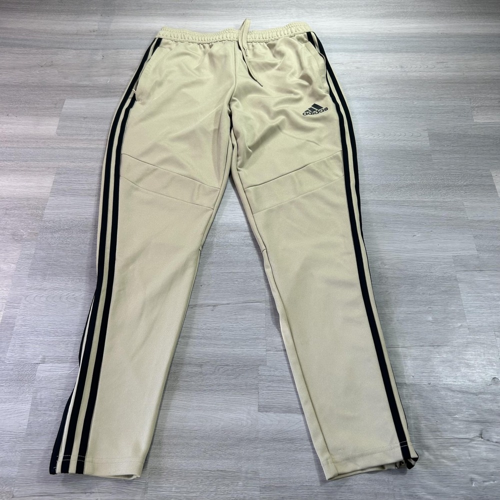 Adidas AEROREADY Track Pants Mens Medium Beige 3 Stripe Zip Hem Athletic FT8434